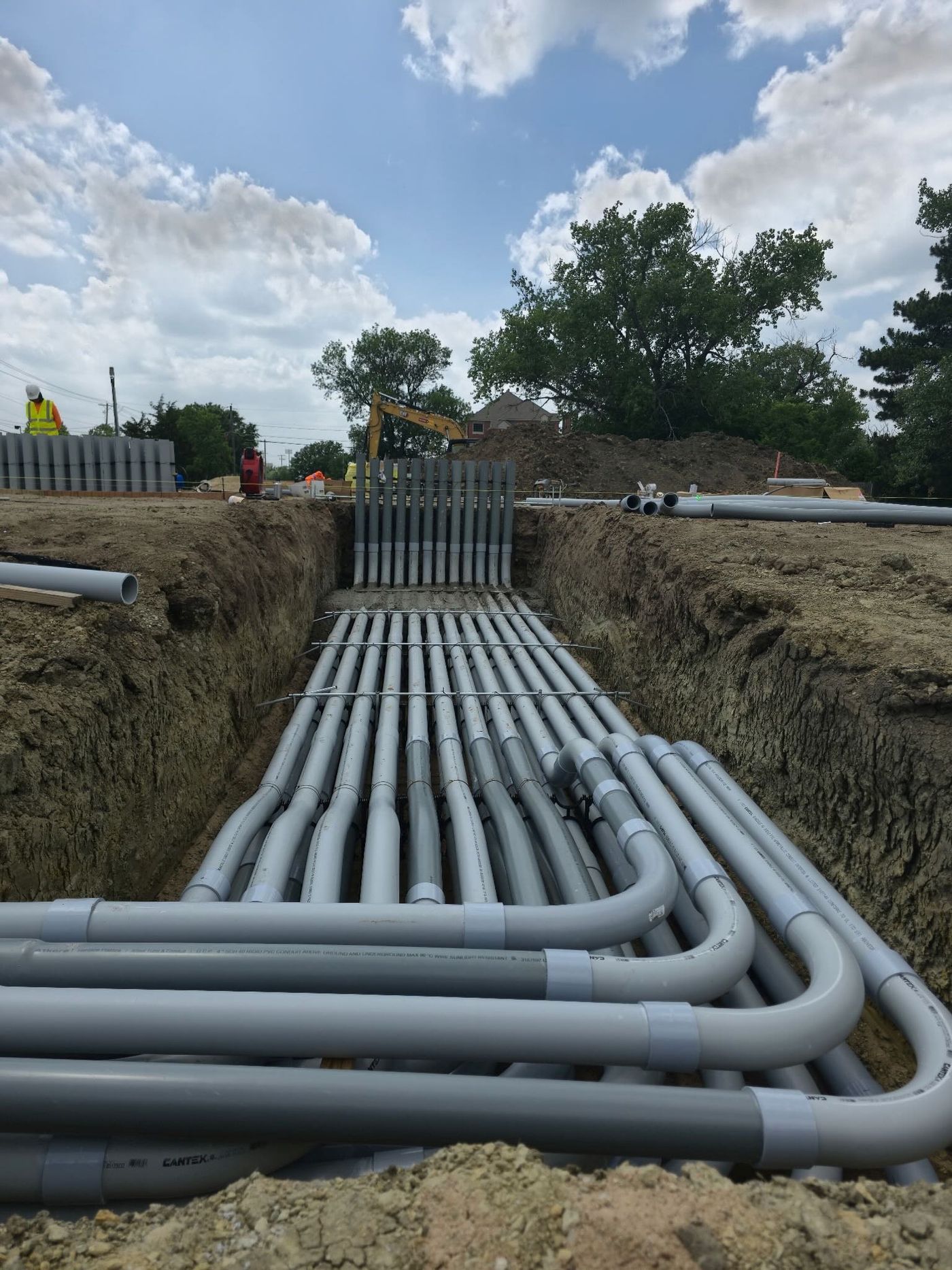 East duct bank conduits in the trench during construction