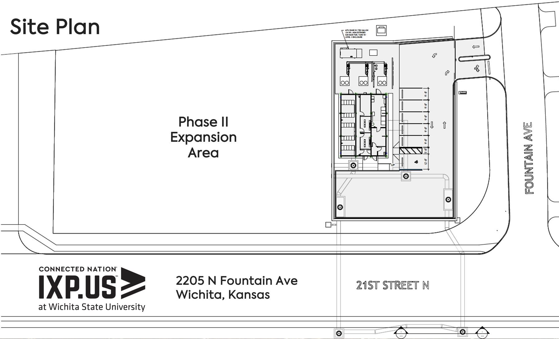 Site plan for IXP.US Wichita showing the facility, fiber vaults, and the Phase II expansion area